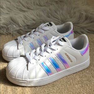Adidas Holographic Superstar Shoes.
